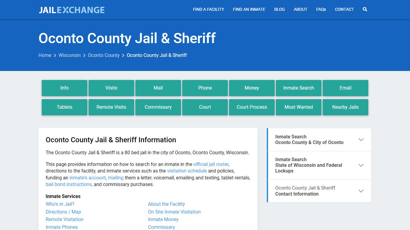 Oconto County Jail & Sheriff, WI Inmate Search, Information
