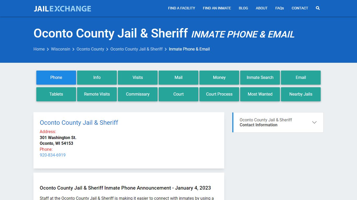 Inmate Phone - Oconto County Jail & Sheriff, WI - Jail Exchange